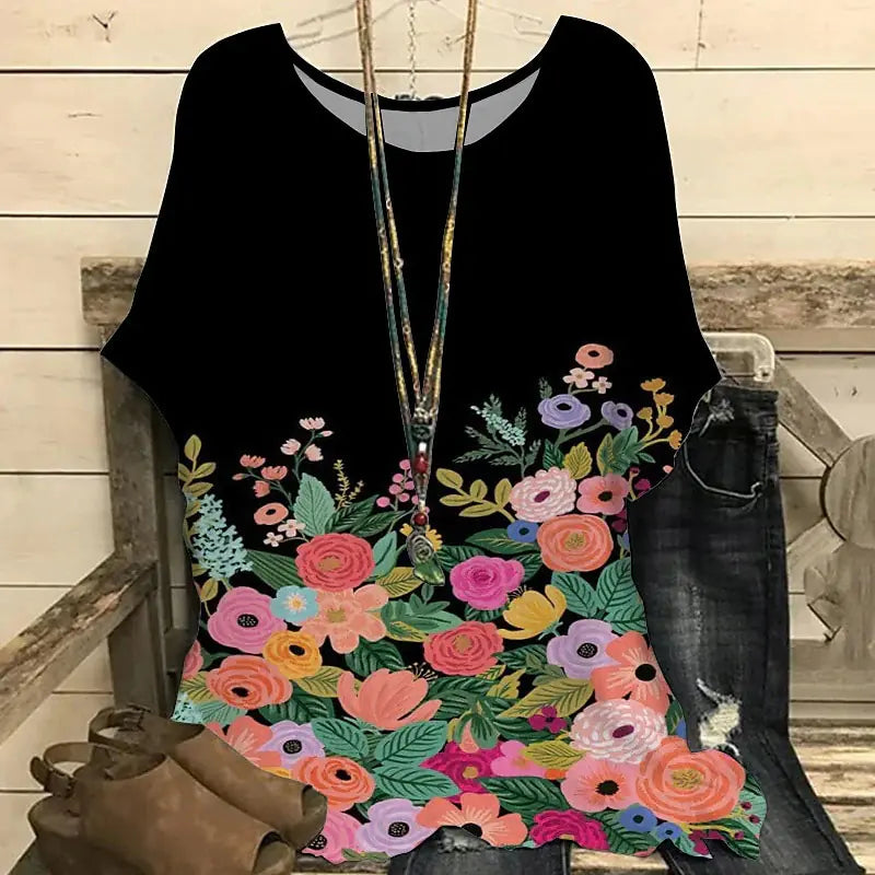 Floral 3D Print Round Neck Women's T-Shirt (Casual)