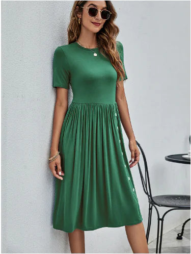 Solid Color Button Pocket Casual Women's Dress