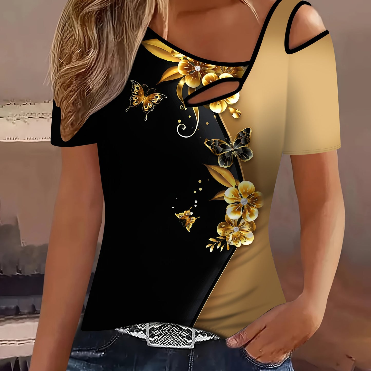 Floral Lace Off Shoulder Tee Elegant Ripped Golden Black