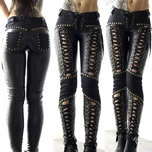 Punk Rock Leather Skinny Pants with Strap Details