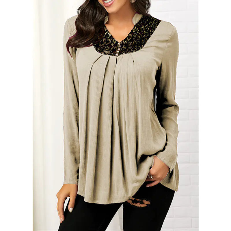 V-Neck Floral Print Long Sleeve Lace Top T-Shirt