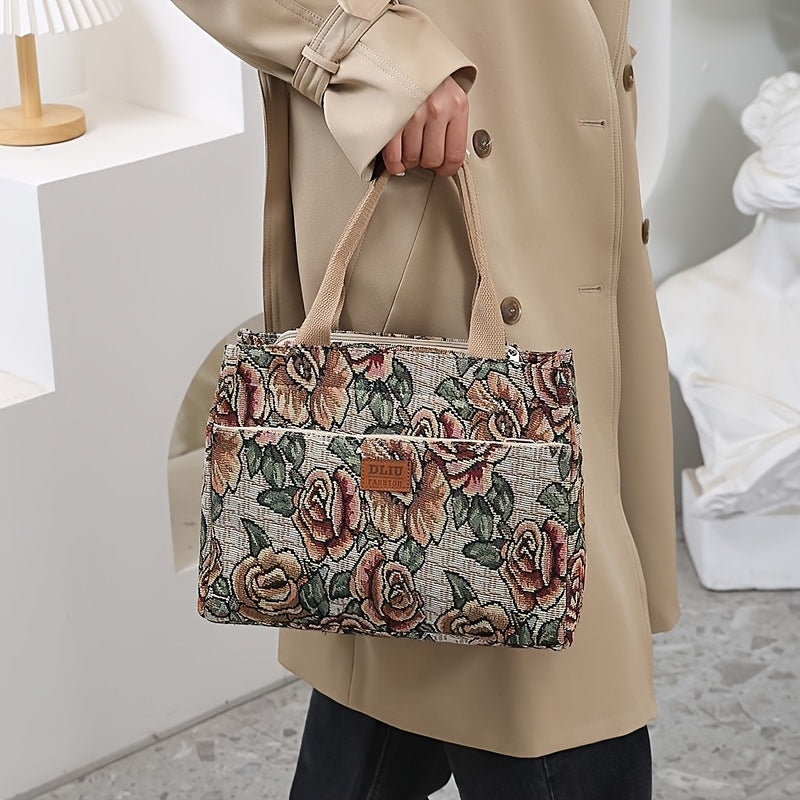 Chic Lunch Retro Floral Oil Painting Tote Commute Bag