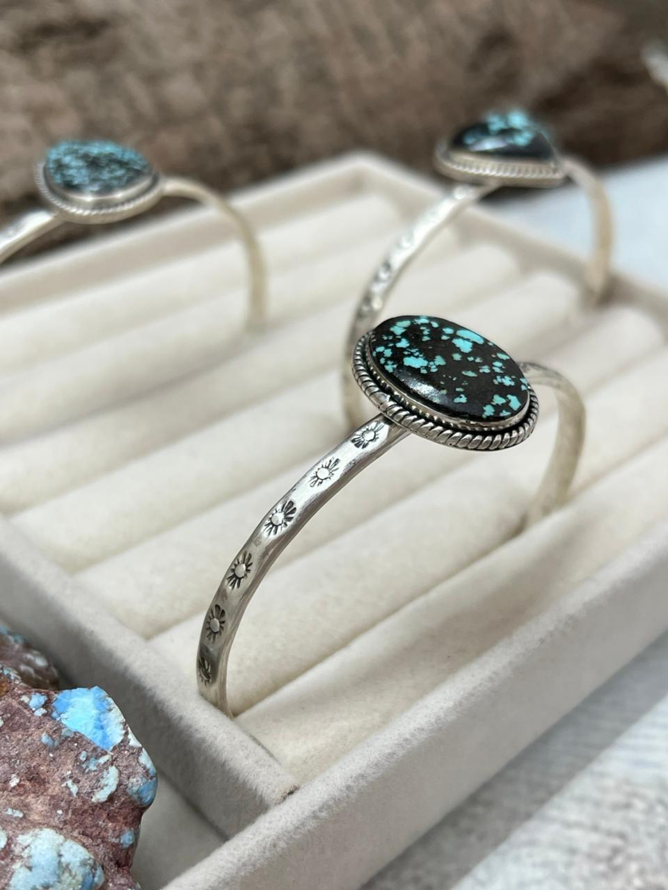 Handmade Sterling Silver Lander Turquoise Cuff Bracelet with Signed Nizhoni