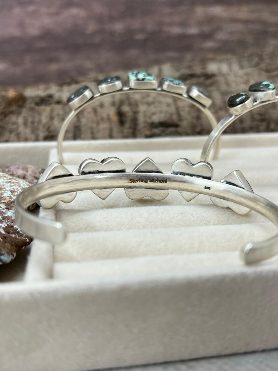 Handmade Sterling Silver Lander Turquoise Cuff Bracelet with Signed Nizhoni