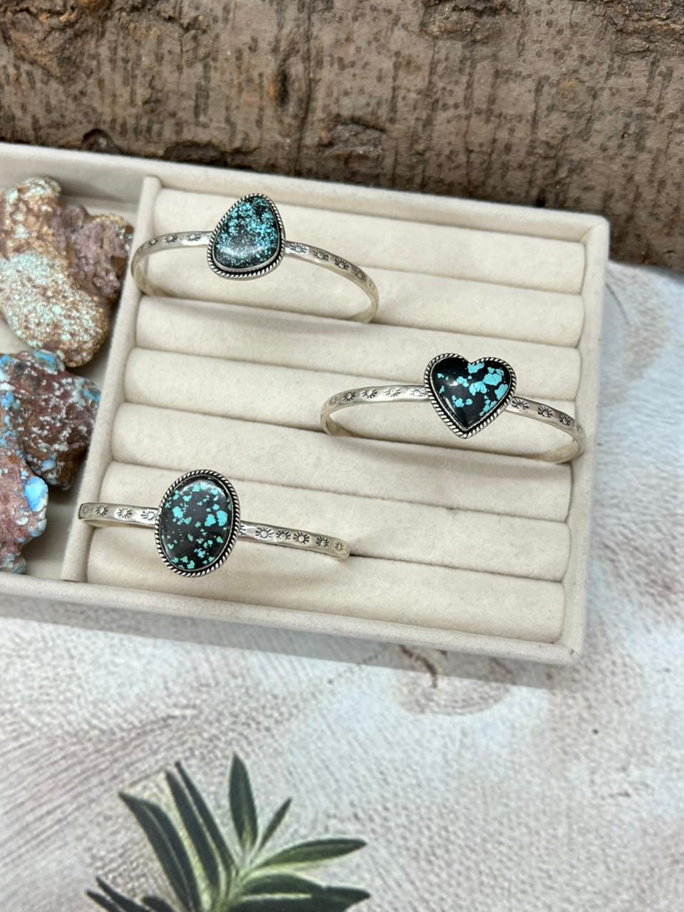 Handmade Sterling Silver Lander Turquoise Cuff Bracelet with Signed Nizhoni