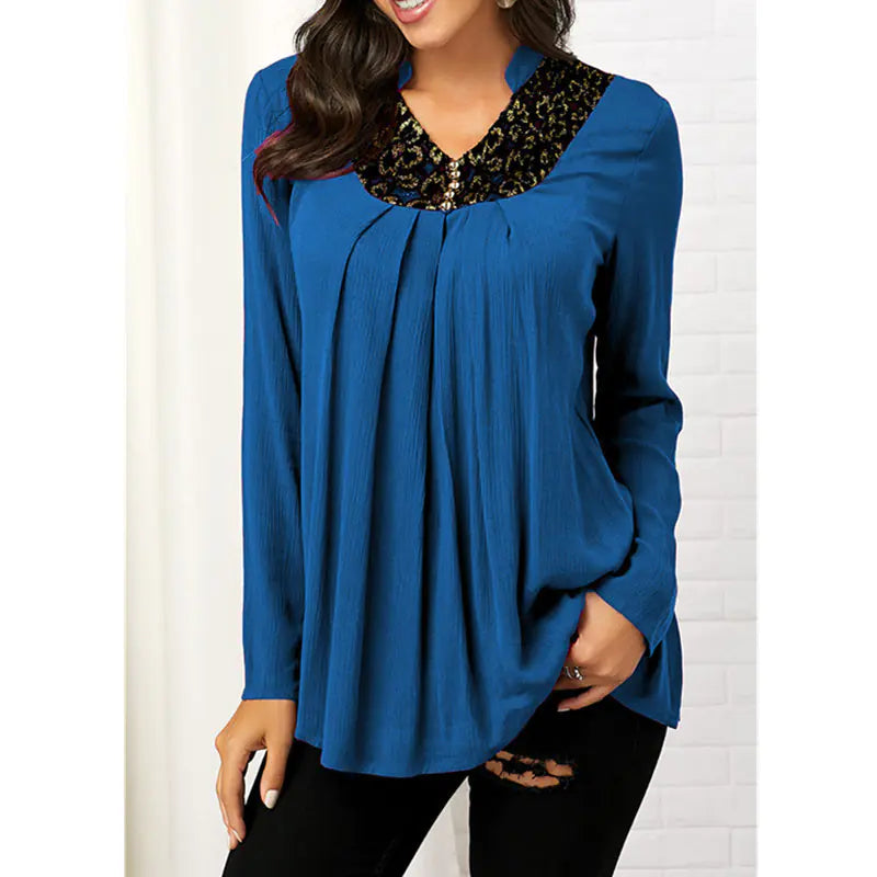 V-Neck Floral Print Long Sleeve Lace Top T-Shirt