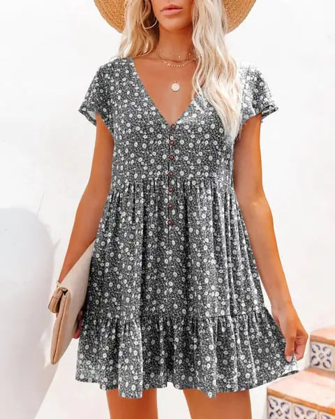 V-Neck Button Floral Short Sleeve Casual Dress