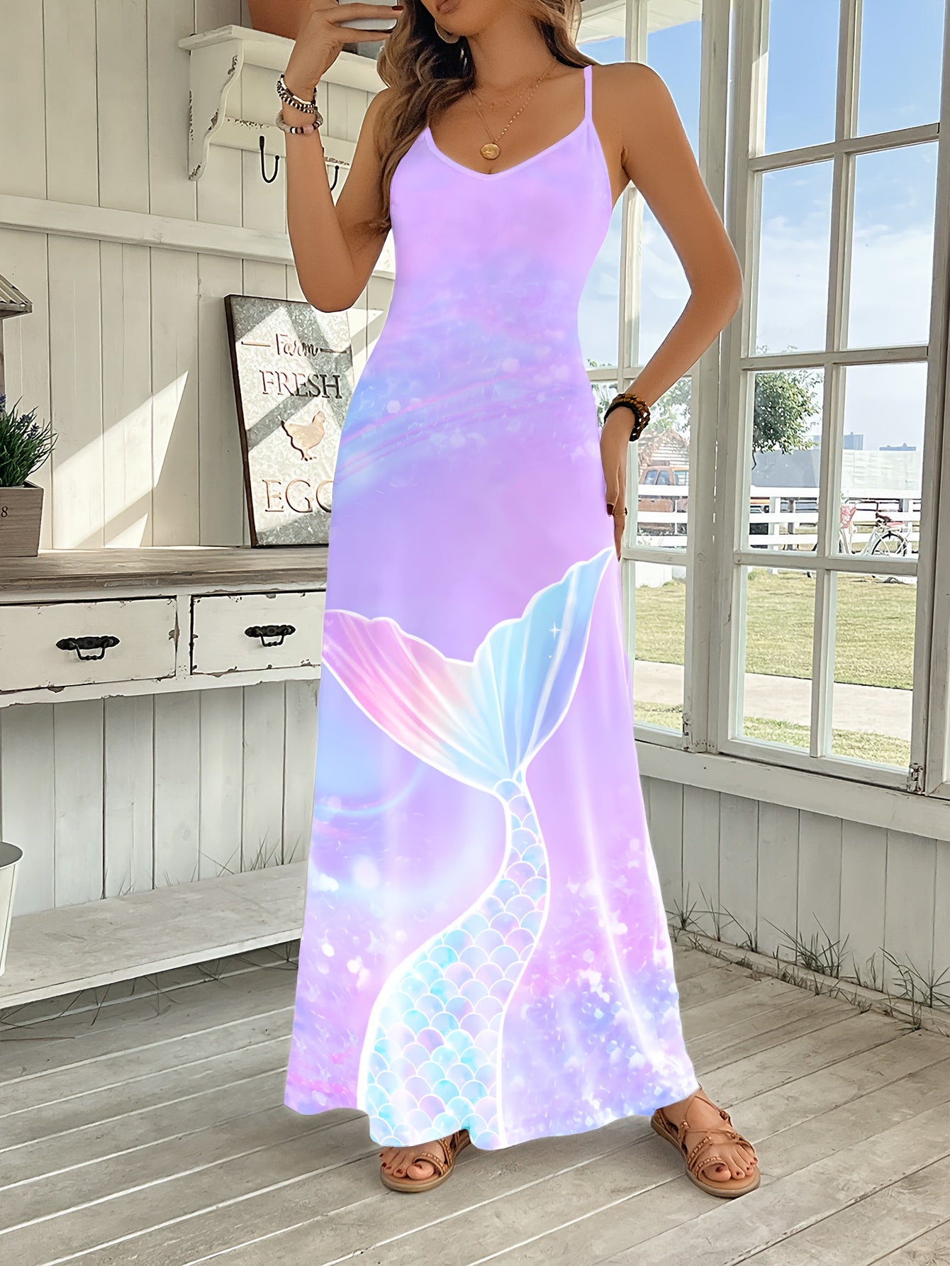 Vibrant Underwater Print V-Neck Cami Maxi Dress