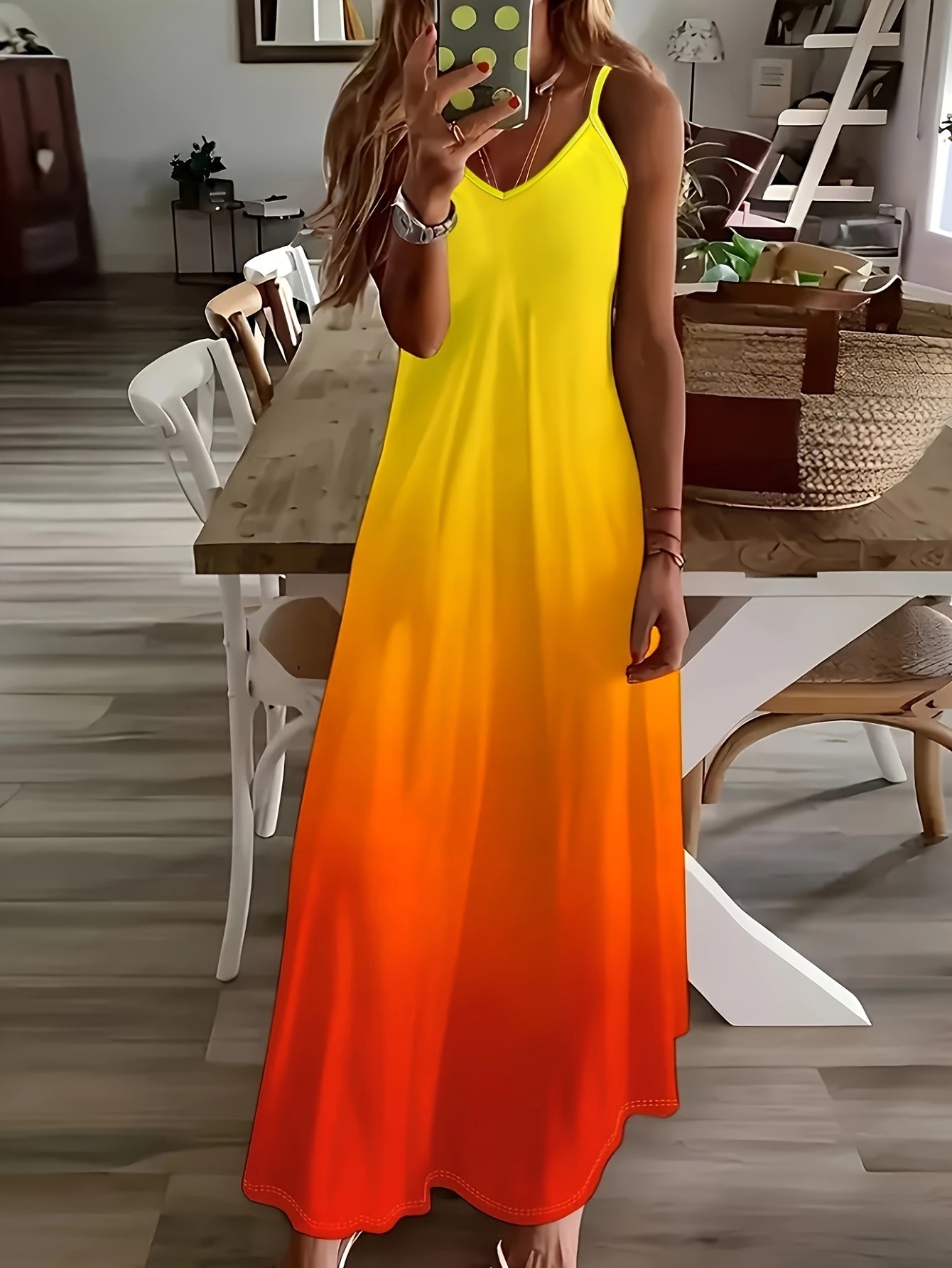Vibrant Yellow Orange Gradient Backless Sling Dress