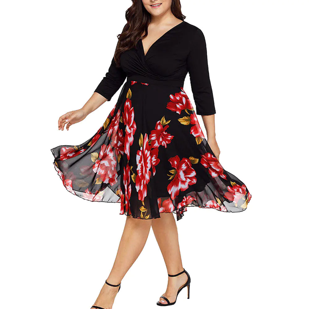 Elegant Plus Size Floral V-Neck Short Sleeve Dress