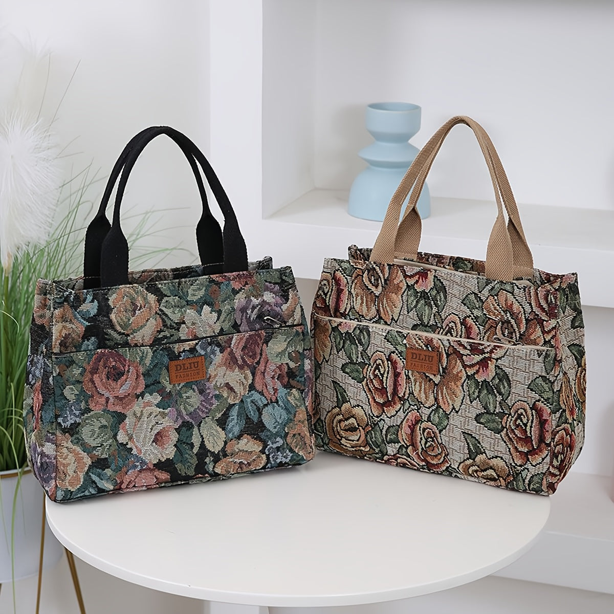 Chic Lunch Retro Floral Oil Painting Tote Commute Bag