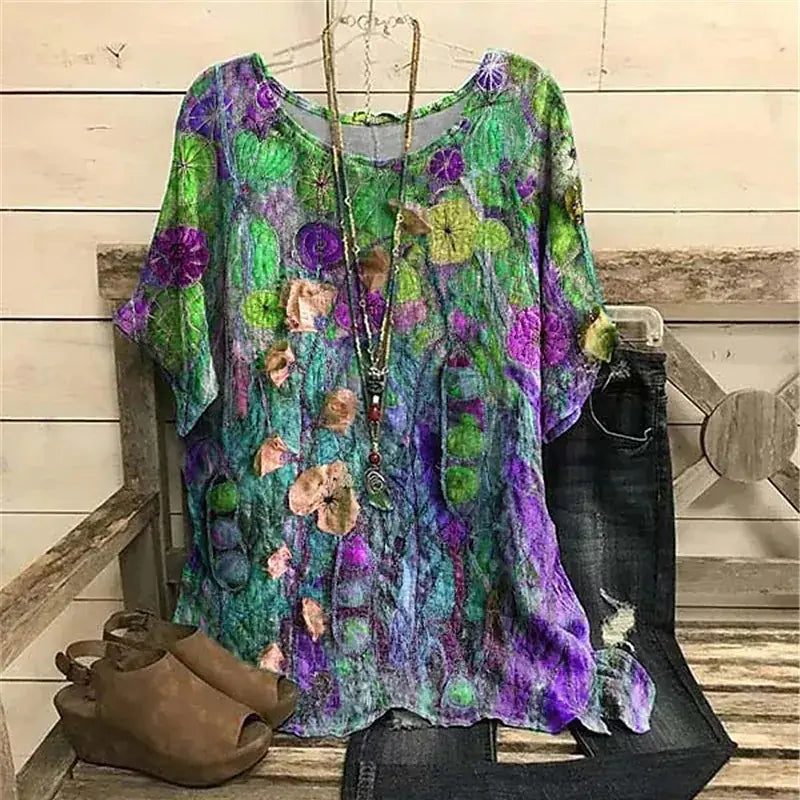 Floral 3D Print Round Neck Women's T-Shirt (Casual)