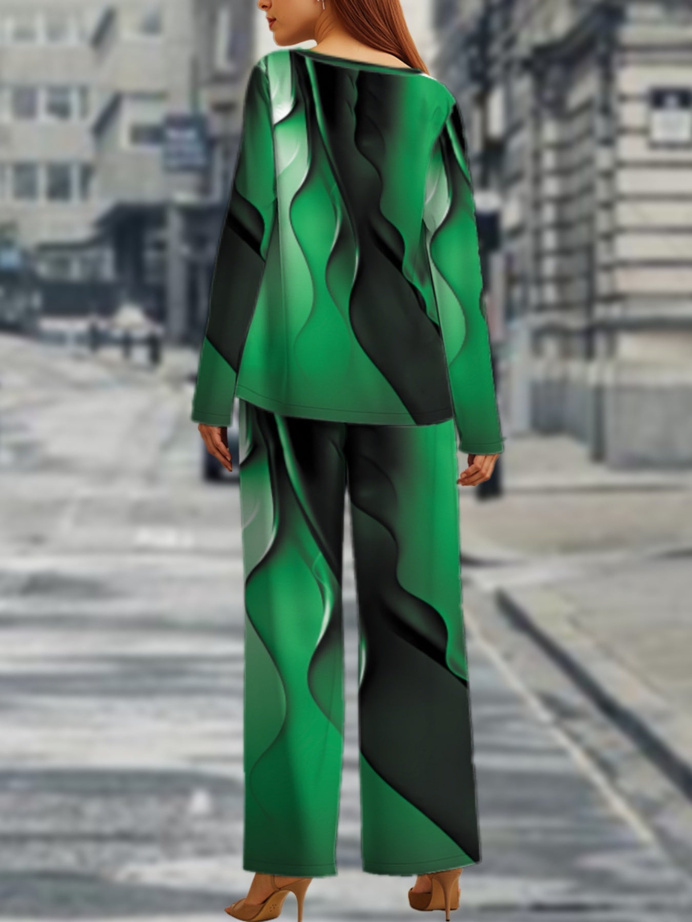 Vibrant  Geometric Plus Size Long Sleeve Top  Pants Set