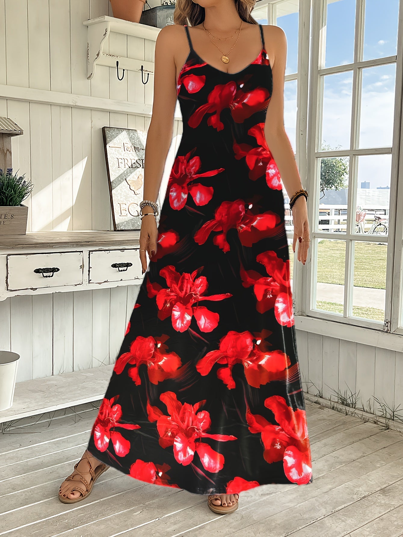 Chic Strappy Floral Print Maxi Dress