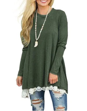 Lace Trim Round Neck Long Sleeve T-Shirt
