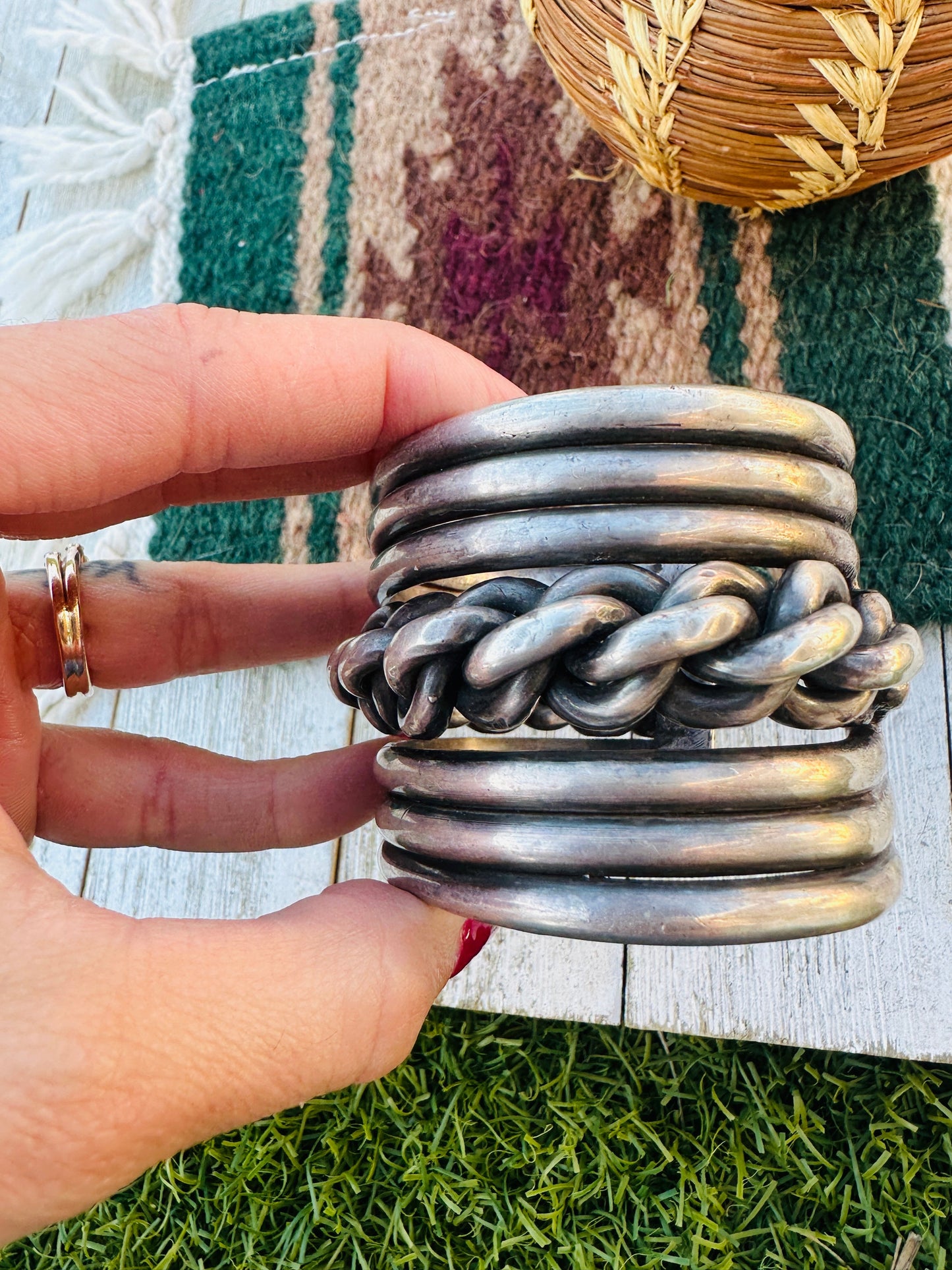Handcrafted Old Pawn Sterling Silver Chain Cuff Bracelet