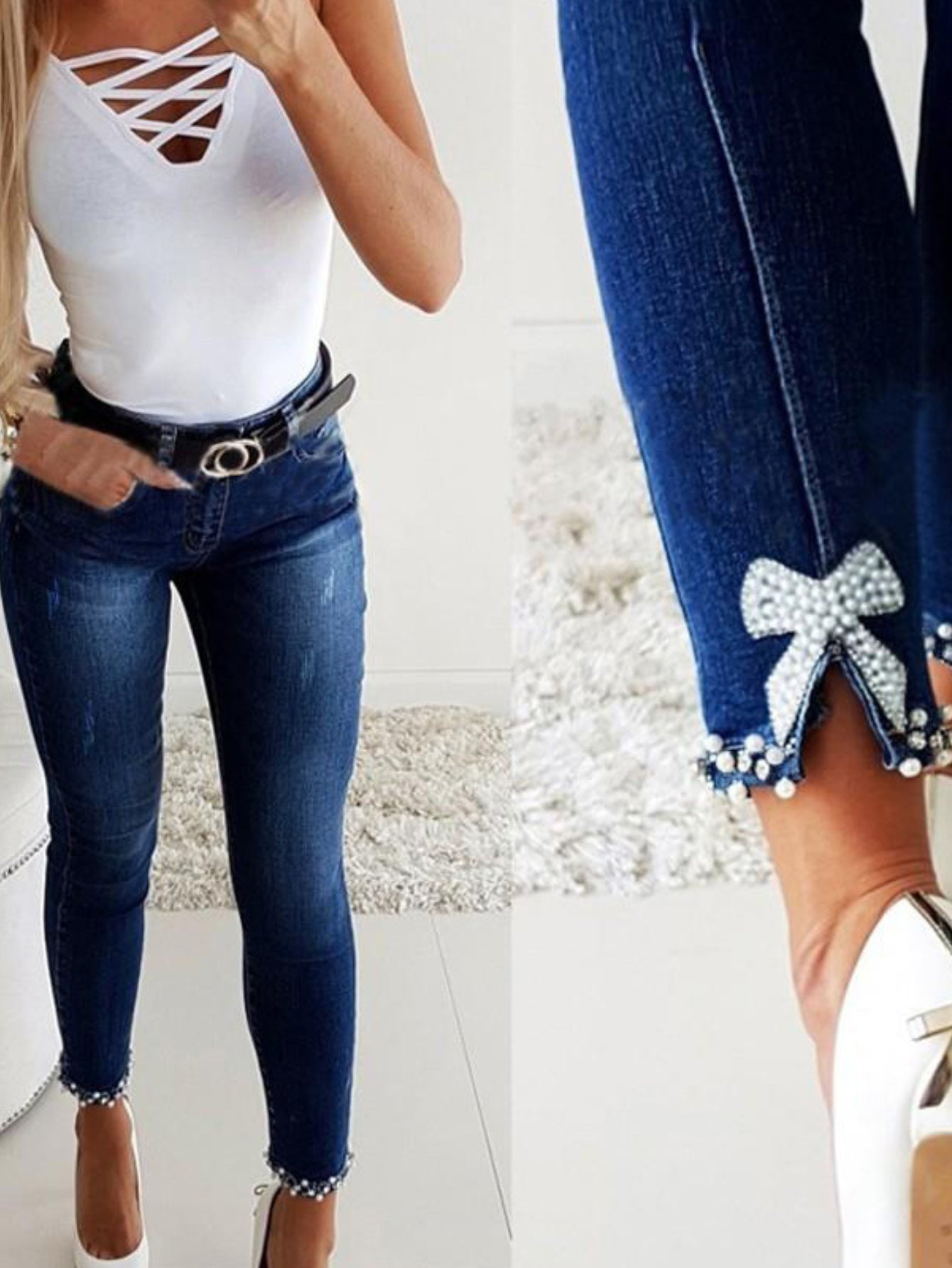 Skinny Split Hem Pants with Floral Flair