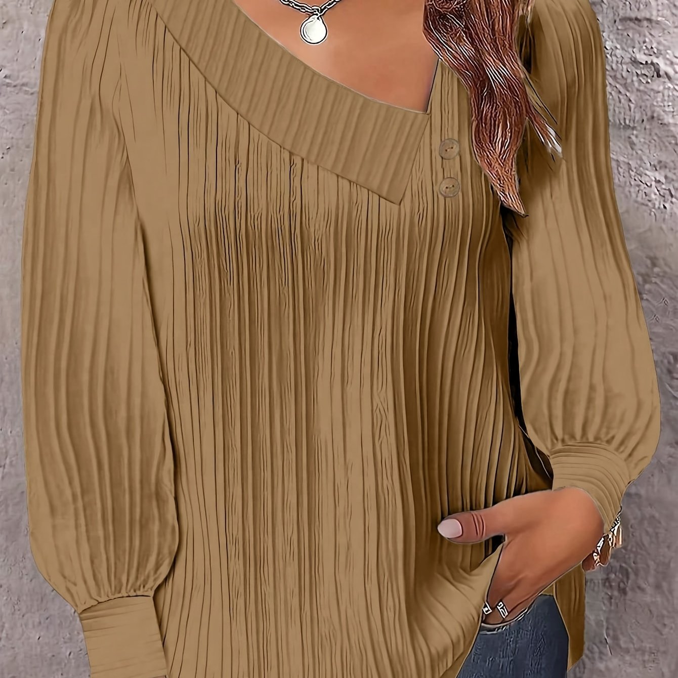 Chic Plus Size V-Neck Blouse Decorative Buttons Glossy Top