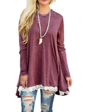 Lace Trim Round Neck Long Sleeve T-Shirt
