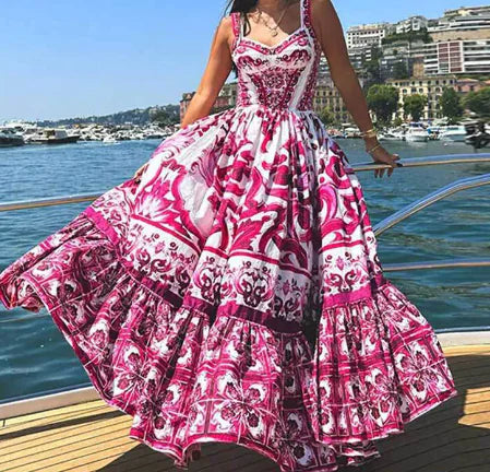 Printed Sleeveless Spaghetti Strap Dress with Waist Control