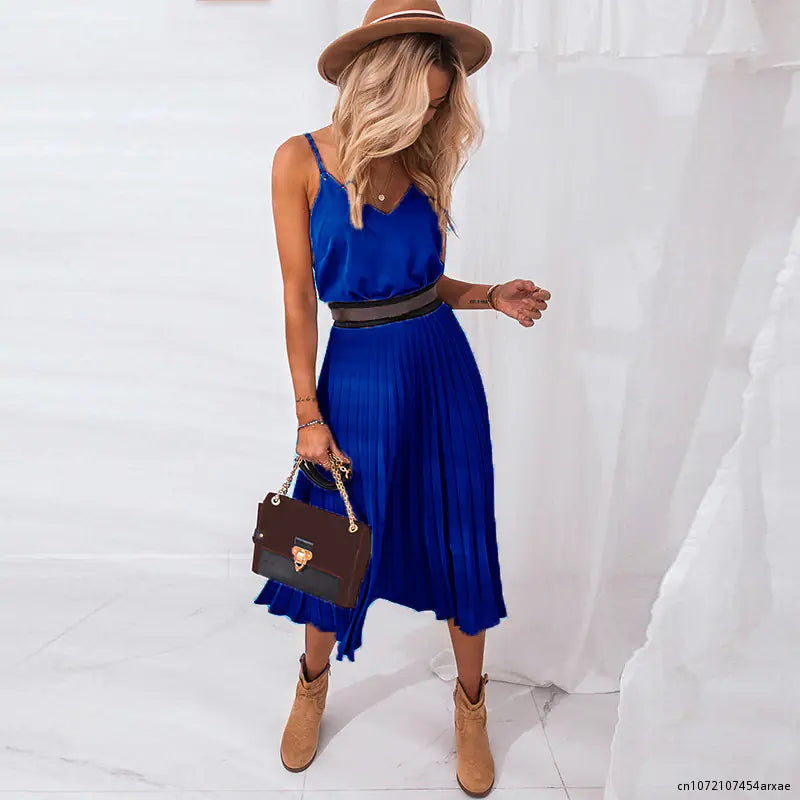 Vintage Summer Strap Pleated V-Neck Midi Dress