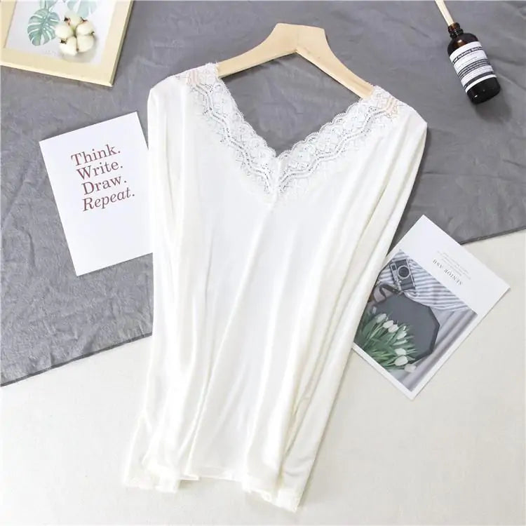 Women Lace V-neck Long-sleeved Thermal Slim Warm Top