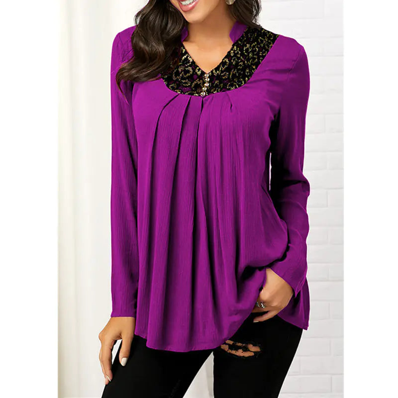 V-Neck Floral Print Long Sleeve Lace Top T-Shirt