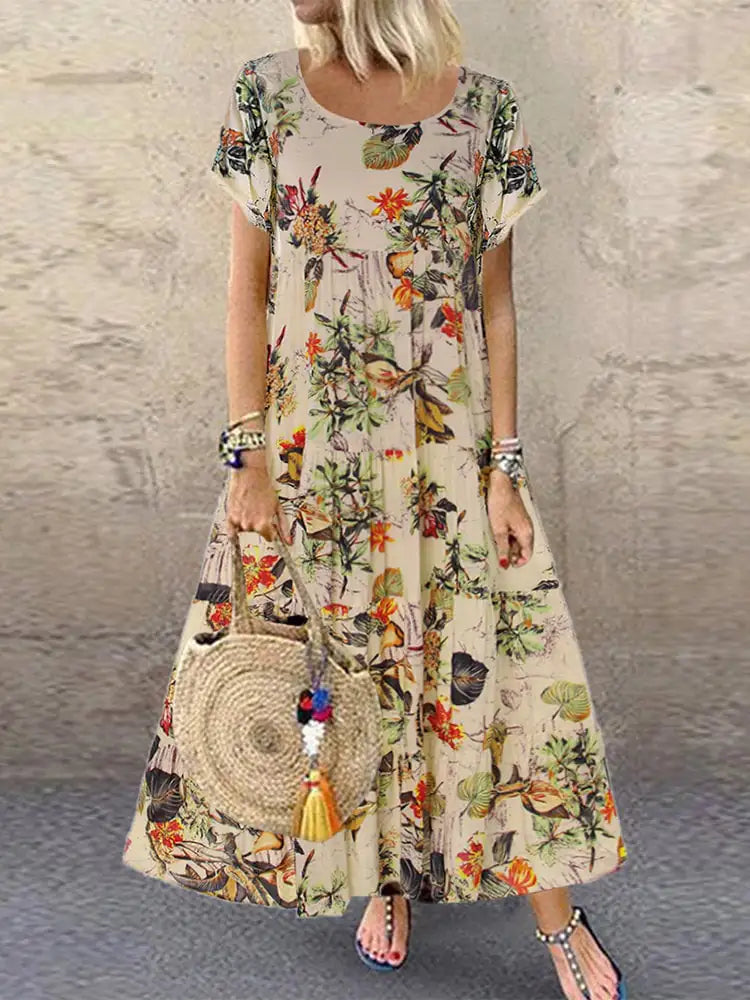 Retro Floral Print Short-sleeved Round Neck Dress