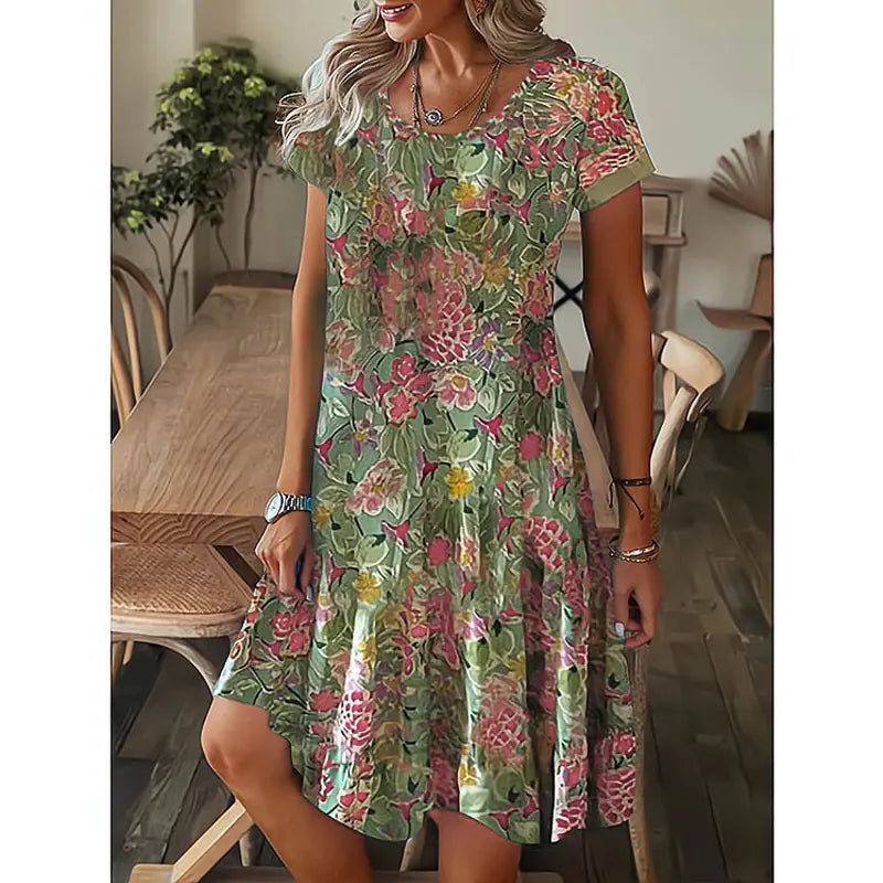 Loose Fit Printed Short Sleeve Dress