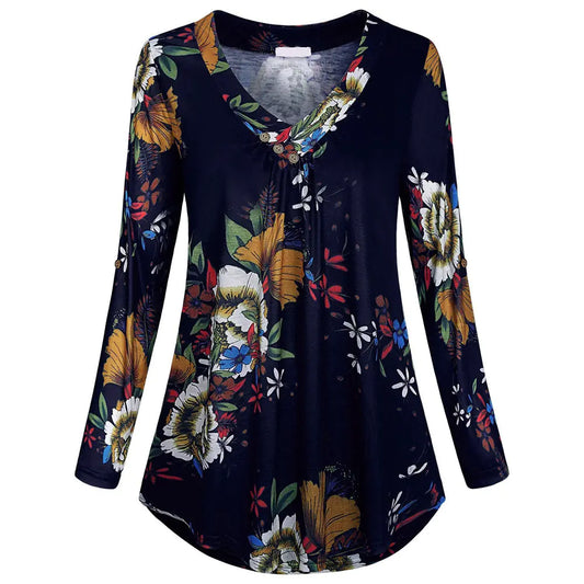 Plus Size Women's V-Neck Printed Long Sleeve T-Shirt
