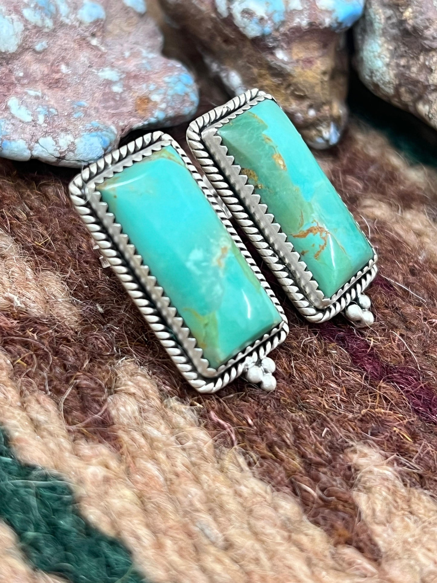 Handmade Sterling Silver Kingman Turquoise Post Earrings with Signed Nizhoni (1)