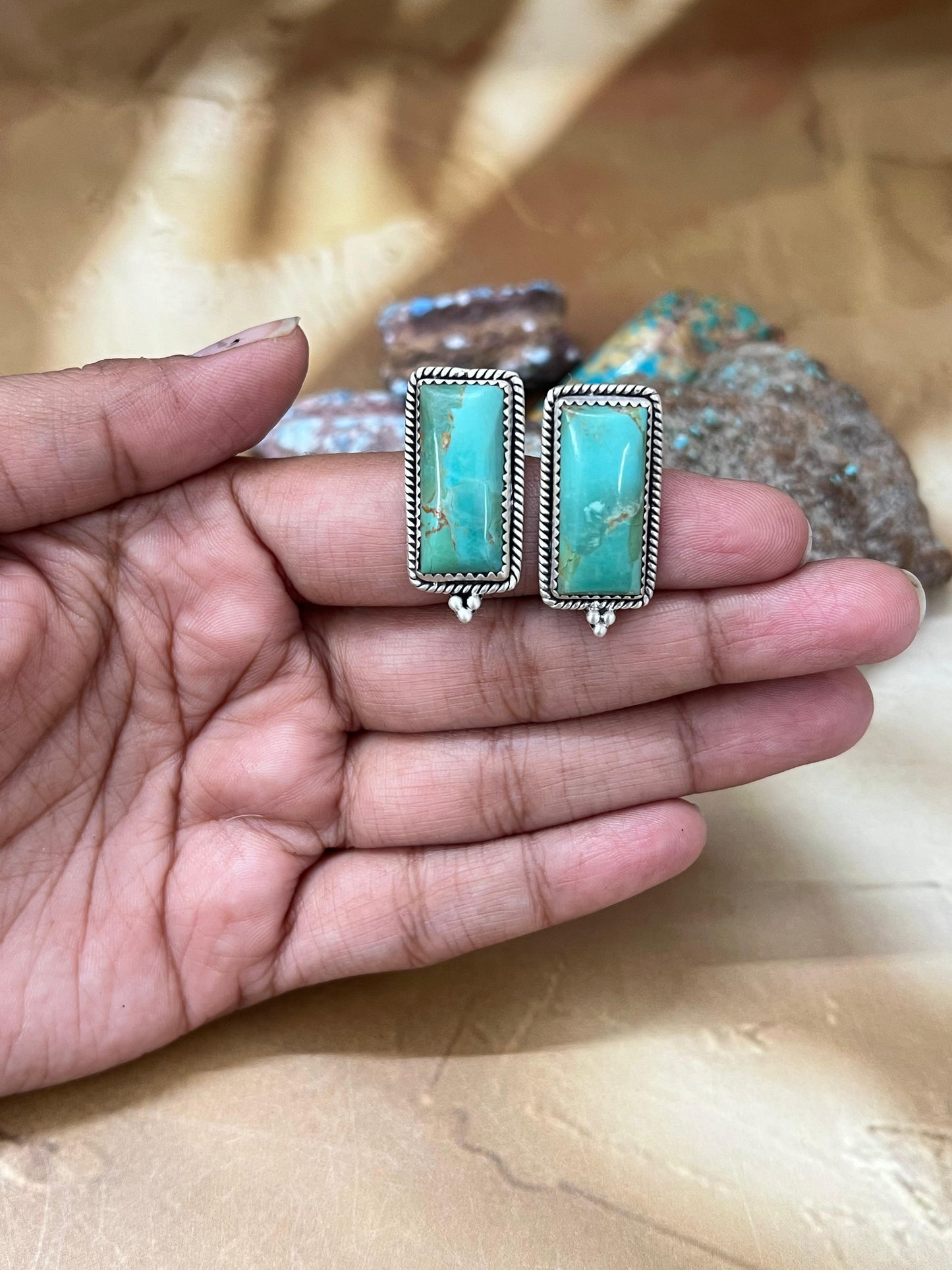 Handmade Sterling Silver Kingman Turquoise Post Earrings with Signed Nizhoni (1)