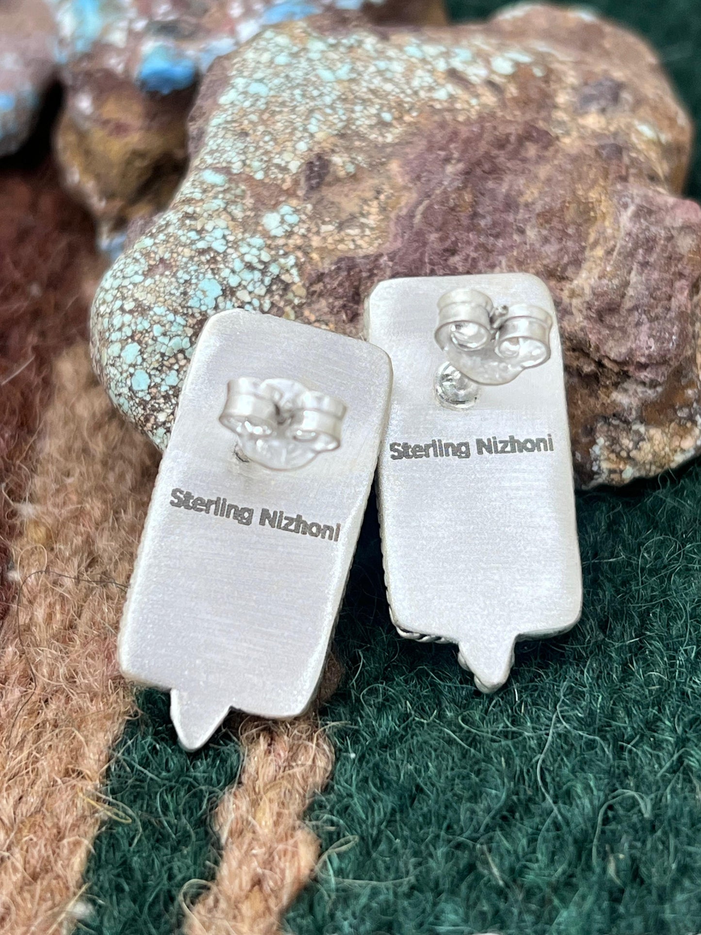 Handmade Sterling Silver Kingman Turquoise Post Earrings with Signed Nizhoni (1)