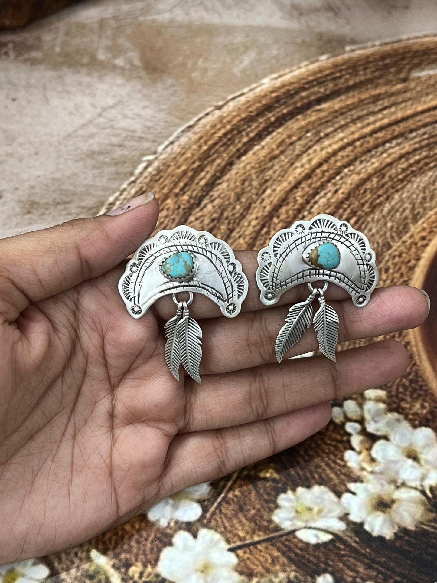 Handmade Sterling Silver Number 8 Turquoise Post Dangle Earrings with Signed Nizhoni