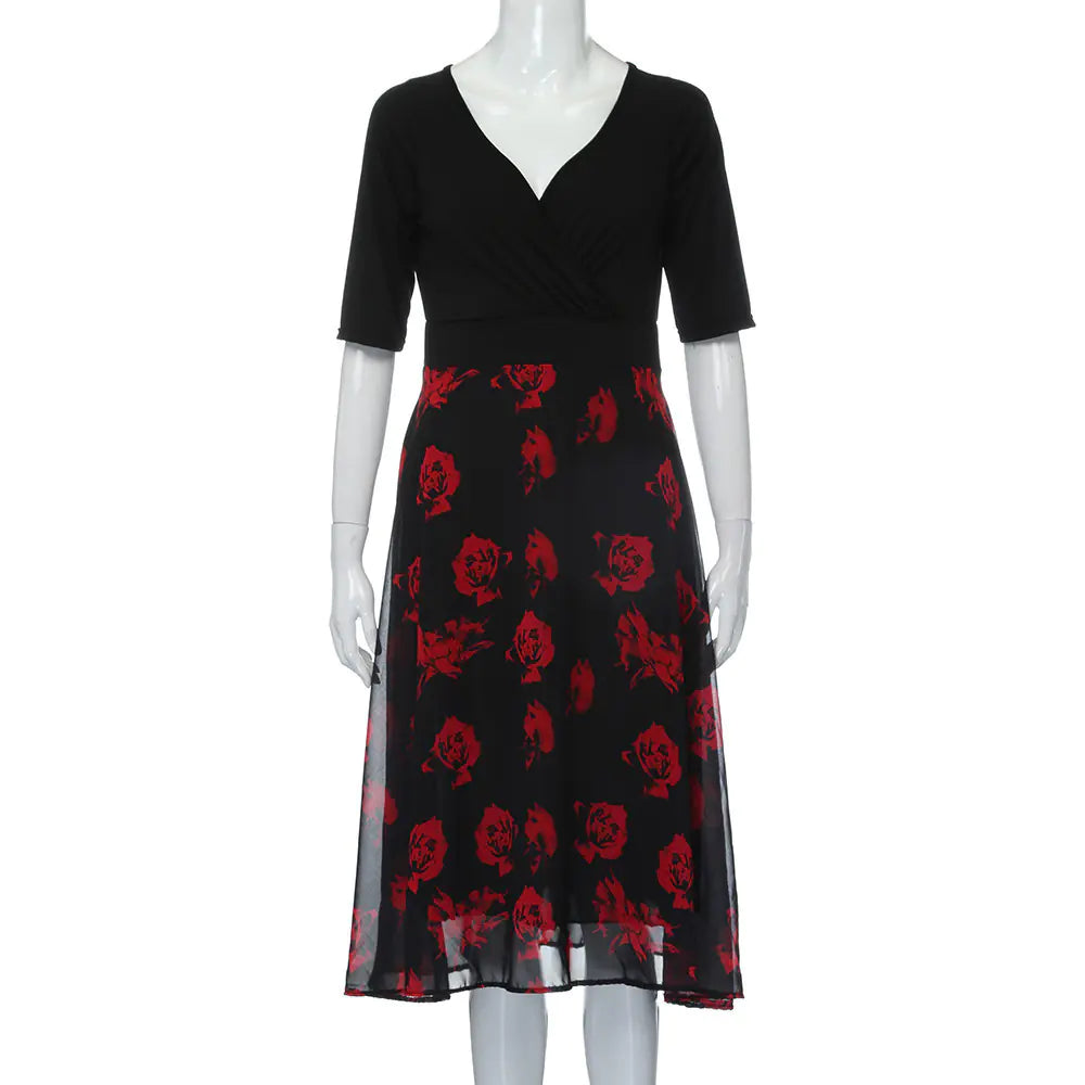 Elegant Plus Size Floral V-Neck Short Sleeve Dress