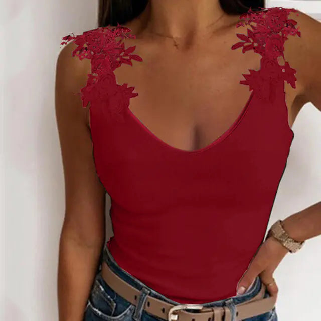 Lace Petal Tank Top V-Neck Casual T-Shirt