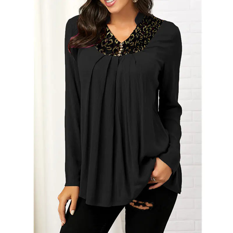 V-Neck Floral Print Long Sleeve Lace Top T-Shirt