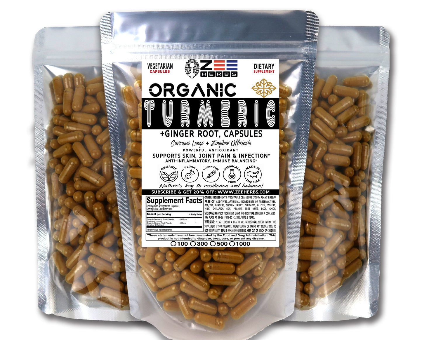 Turmeric Ginger Capsules - 3000mg of Natural Pure Organic Herbal Supplement