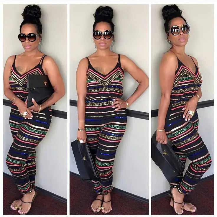 Striped Print Sleeveless Backless Jumpsuit