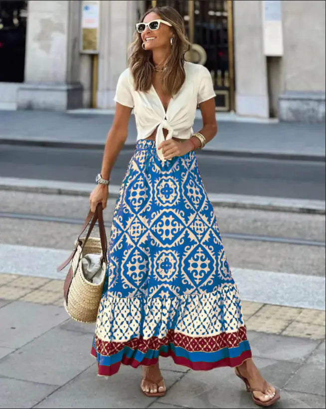 European American Summer Printed Loose Swing Skirt