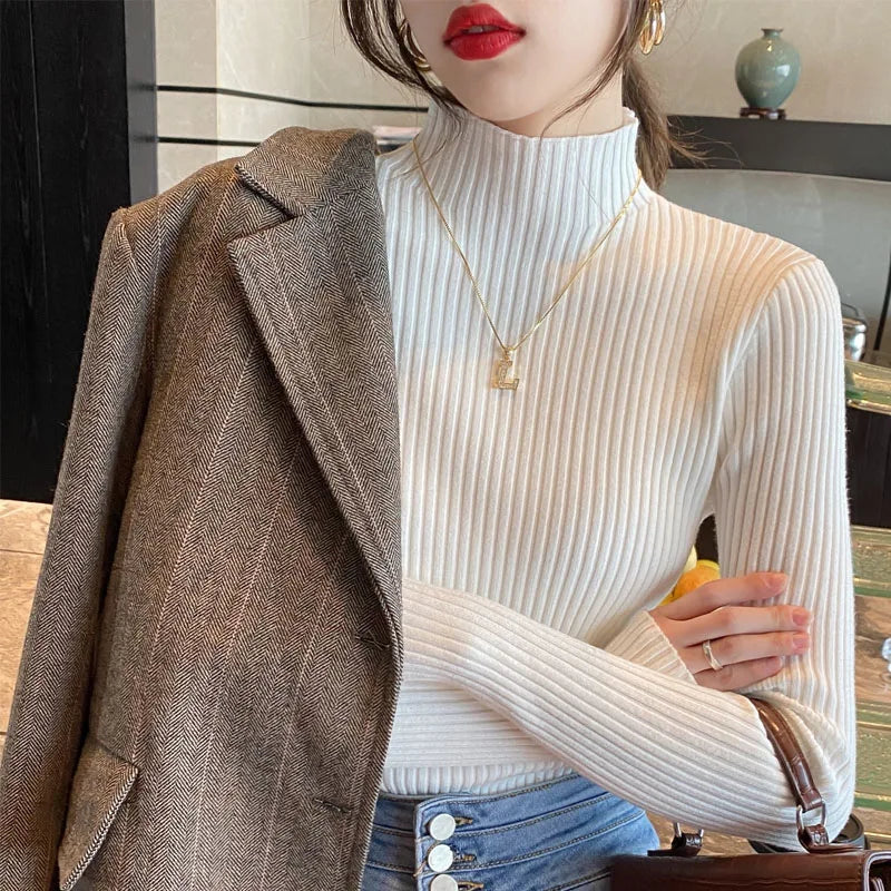 Pullover Long Sleeve Mock Neck Knitted Women Sweater