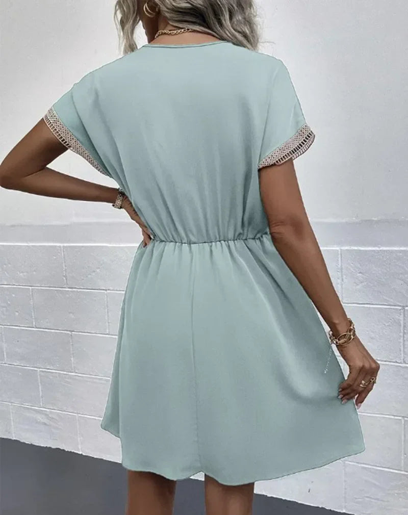 Short Sleeve V-neck Ruffle Waist Cross-border Elastic Waist Dress
