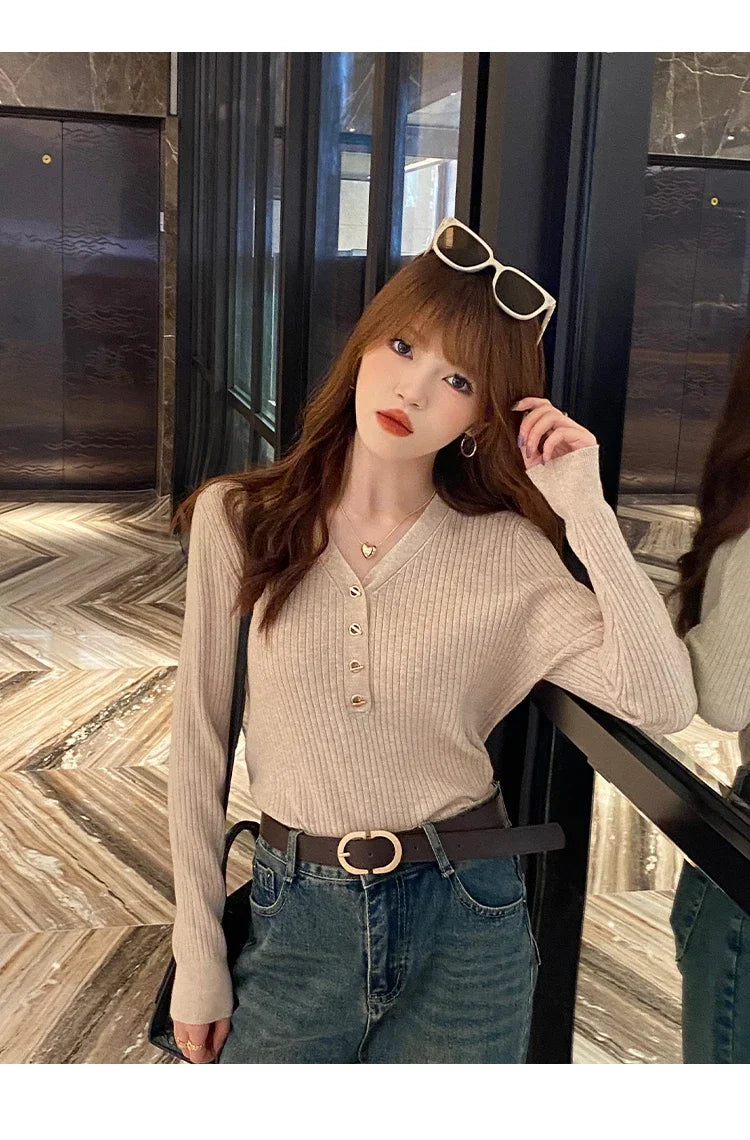 Sweaters Casual Slim Button Knitted Pullover Sweater