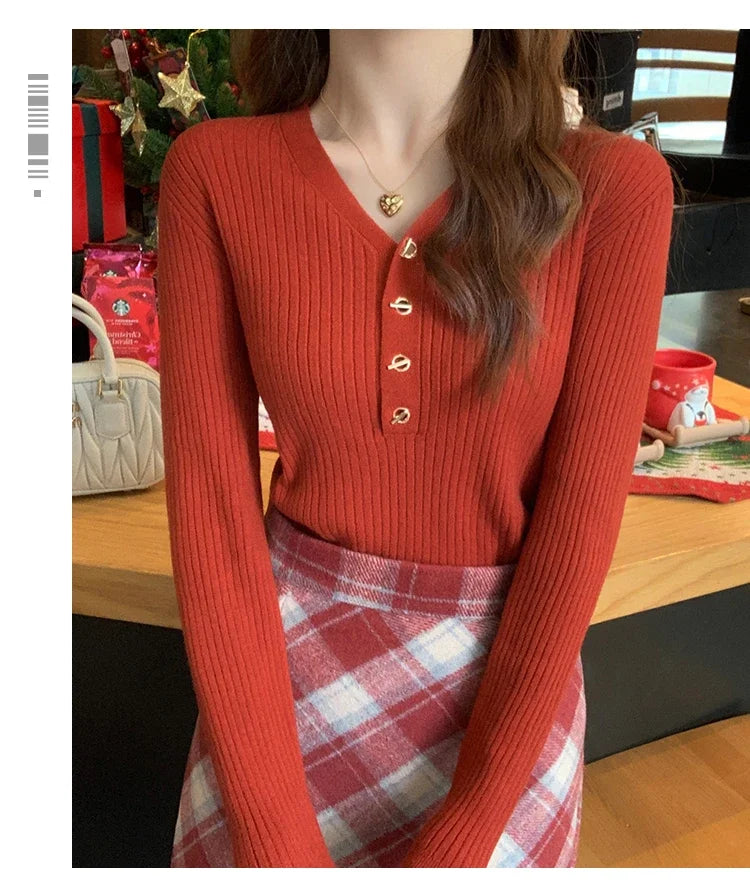 Sweaters Casual Slim Button Knitted Pullover Sweater