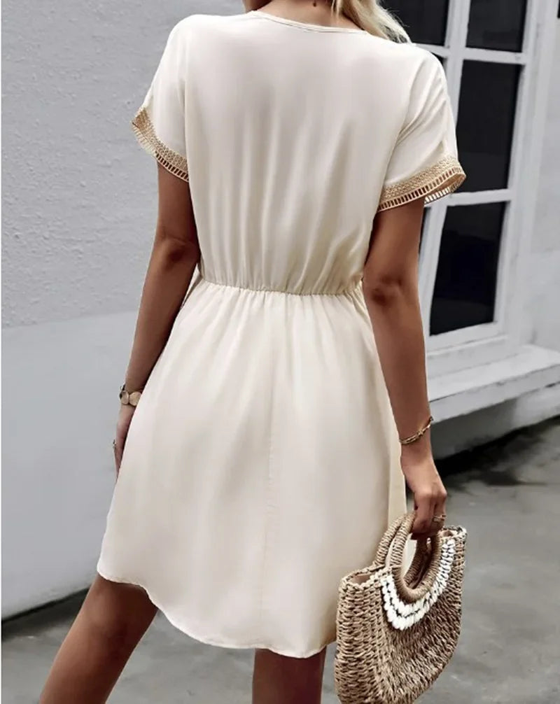 Short Sleeve V-neck Ruffle Waist Cross-border Elastic Waist Dress