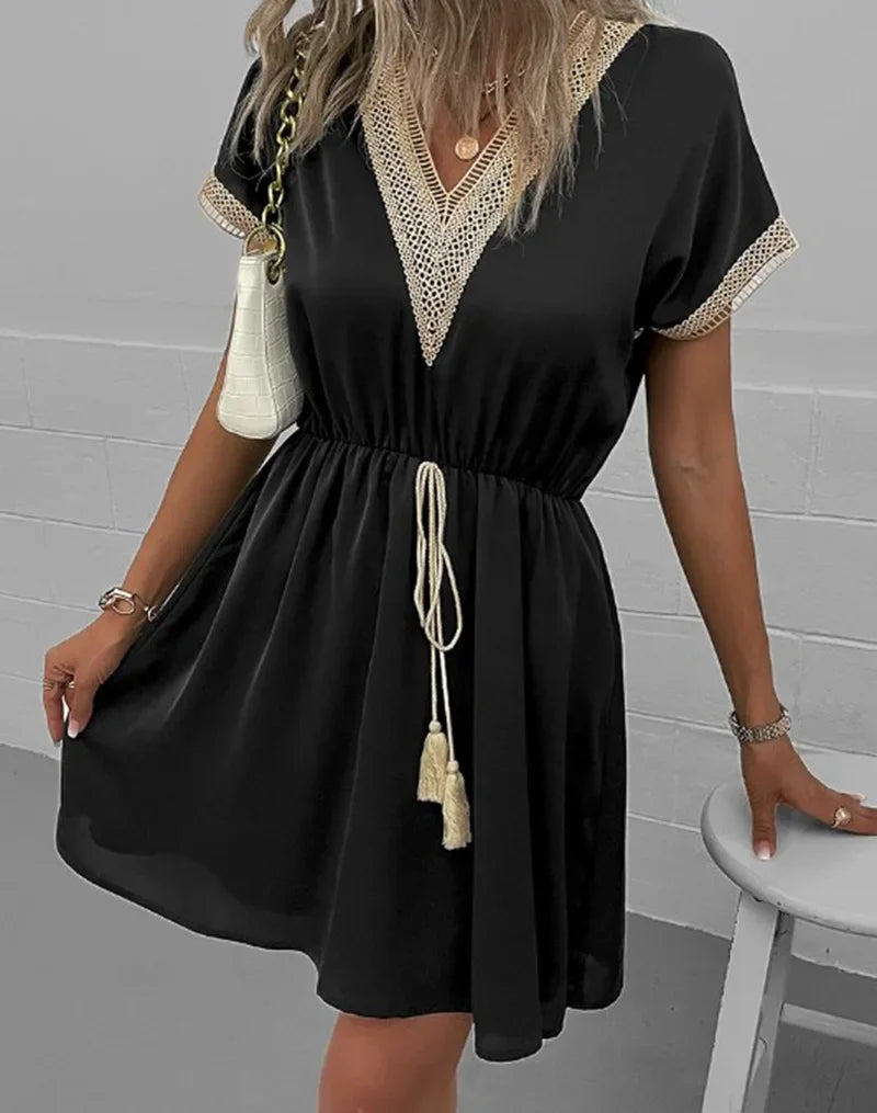 Short Sleeve V-neck Ruffle Waist Cross-border Elastic Waist Dress