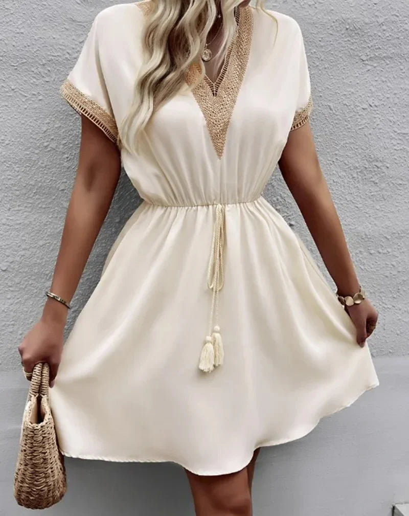 Short Sleeve V-neck Ruffle Waist Cross-border Elastic Waist Dress