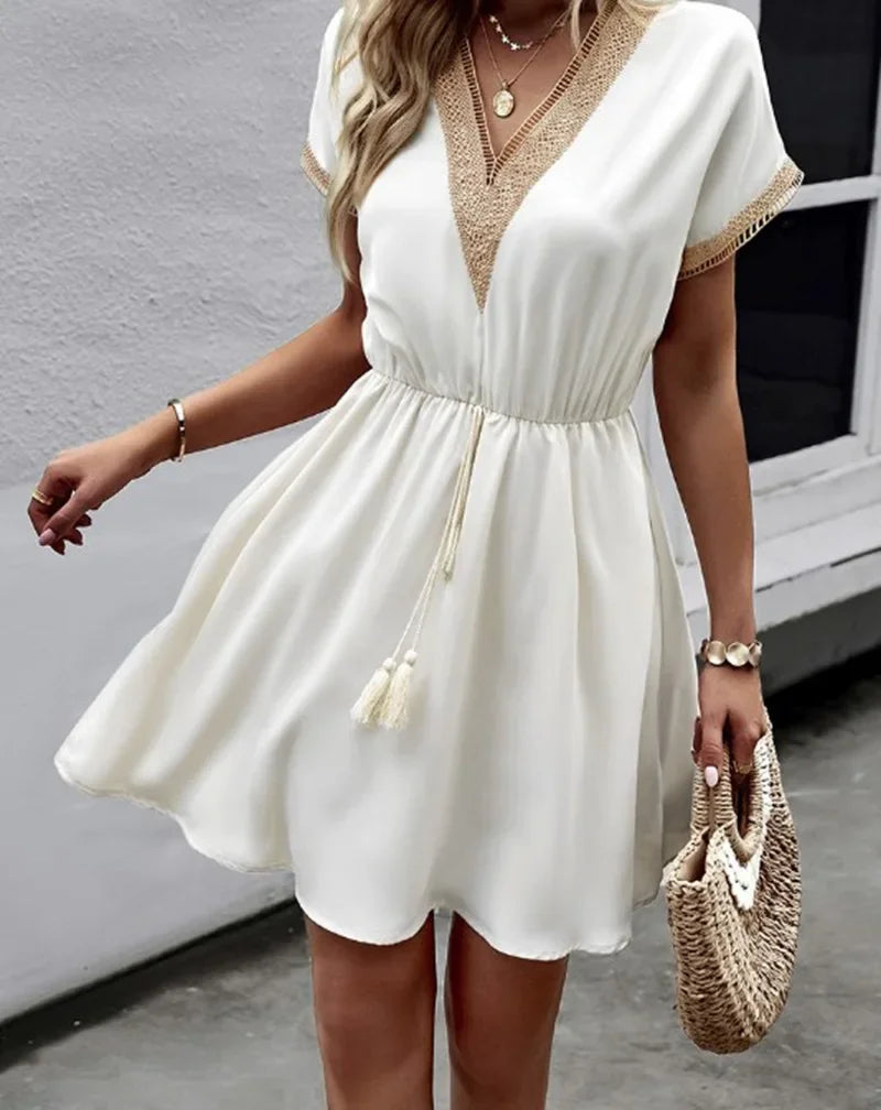 Short Sleeve V-neck Ruffle Waist Cross-border Elastic Waist Dress