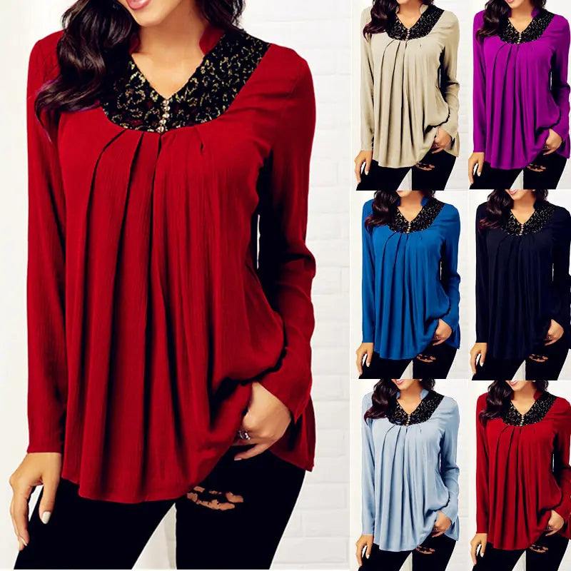 V-Neck Floral Print Long Sleeve Lace Top T-Shirt