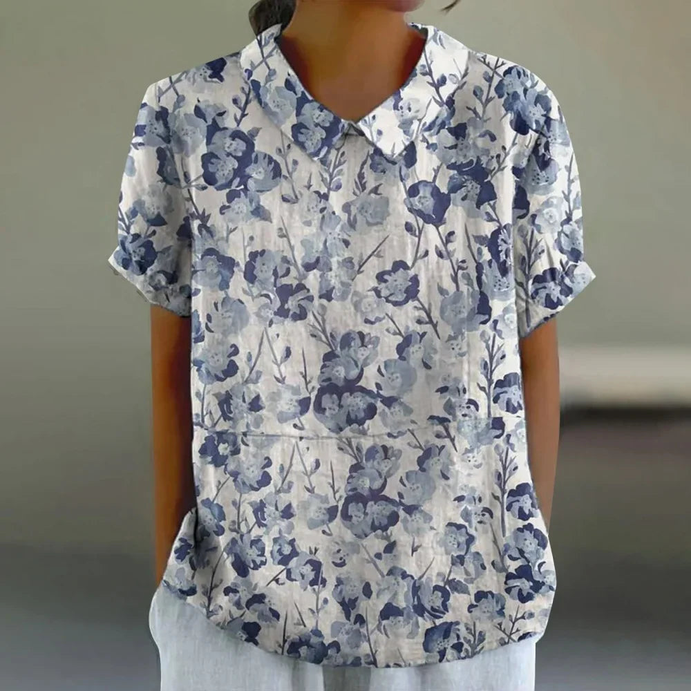 Printed Puff Sleeve Peter Pan Collar Shirts Blouses